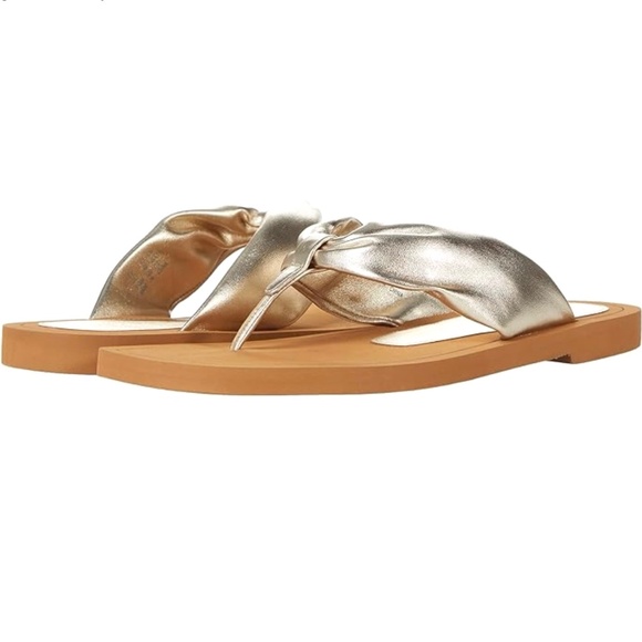 Stuart Weitzman Gold Metallic Cassie Round Toe Slip On Leather Flip Flop Sandals - Picture 2 of 9